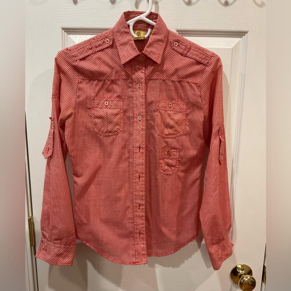 Checkered red white tie up sleeves button blouse Shirt